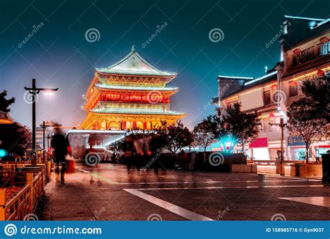 Xi`an Drum Tower stock photo. Image of night, building - 158985716