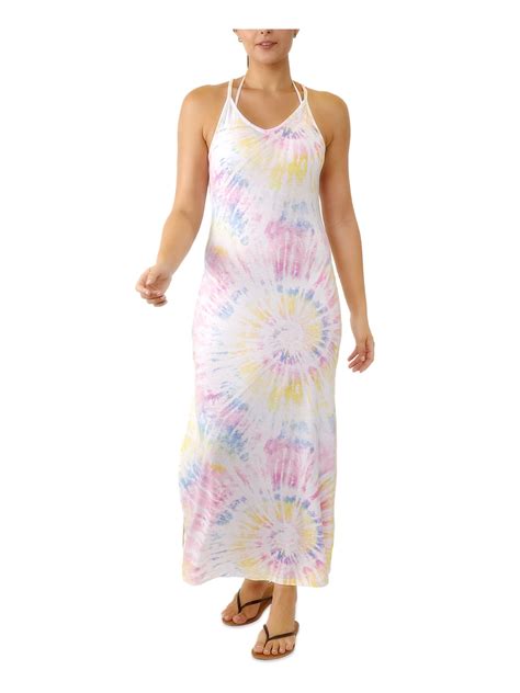 Miken Womens Pink Tie Dye Stretch Maxi Deep V Neck Adjustable Swimsuit