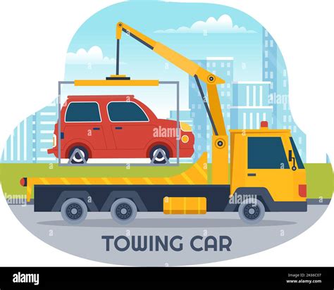 Auto Towing Car Using A Truck With Roadside Assistance Service In Template Hand Drawn Cartoon