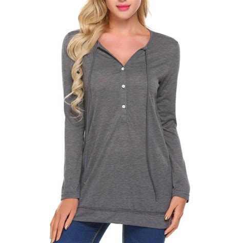 Women S Henley V Neck Long Sleeve Pullover Tunics Shirts Side Split