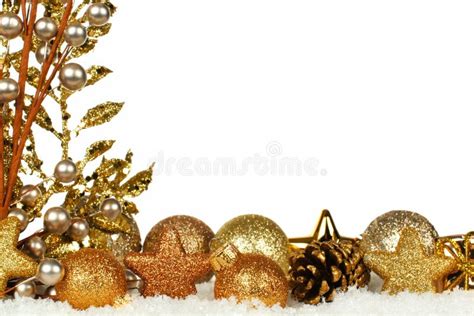 Golden Christmas Border With Ornaments And Branches In Fresh Snow Stock