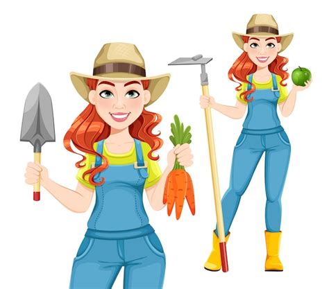 Premium Vector Beautiful Woman Farmer Set Of Two Poses Cartoon Character