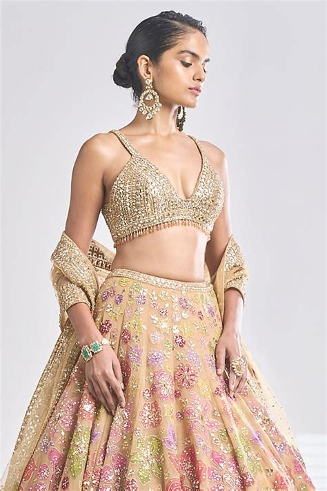 Multi Coloured Net Floral Applique Embroidered Bridal Lehenga Set By