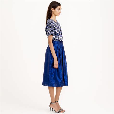 J Crew Cotton Pleated Midi Skirt In Metallic Voile In Metallic Navy