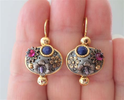 Vintage Mg Signed Gold Tone Glass Cabochons Dangle Earrings By