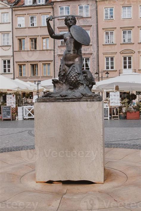 Historic Mermaid Statue In Warsaw Old Town Poland On A Summer Holiday