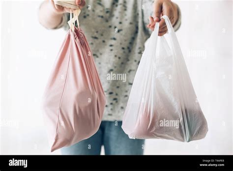 Zero Waste Shopping Concept Woman Holding In One Hand Groceries In