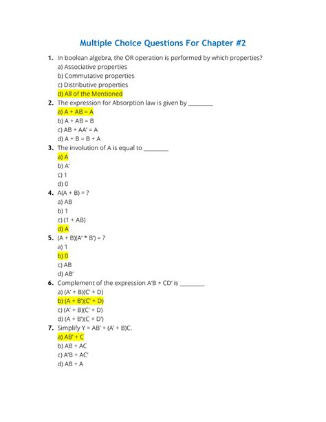 MCQs Chapter 2 - Multiple Choice Questions for Boolean Algebra and ...