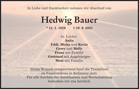 Traueranzeigen Von Hedwig Bauer Augsburger Allgemeine Zeitung