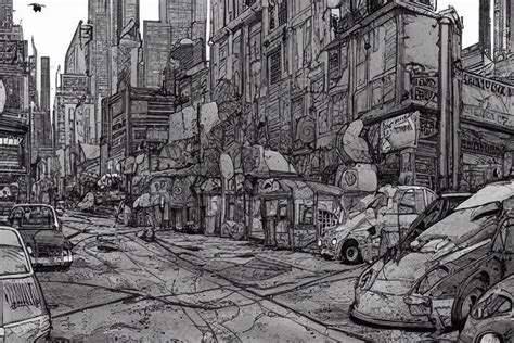 Moebius Artwork Of A Post Apocalyptic City Street Stable Diffusion