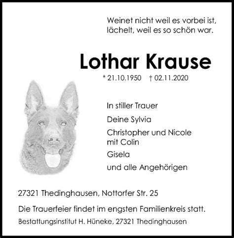 Traueranzeigen Von Lothar Krause Trauer Kreiszeitung De