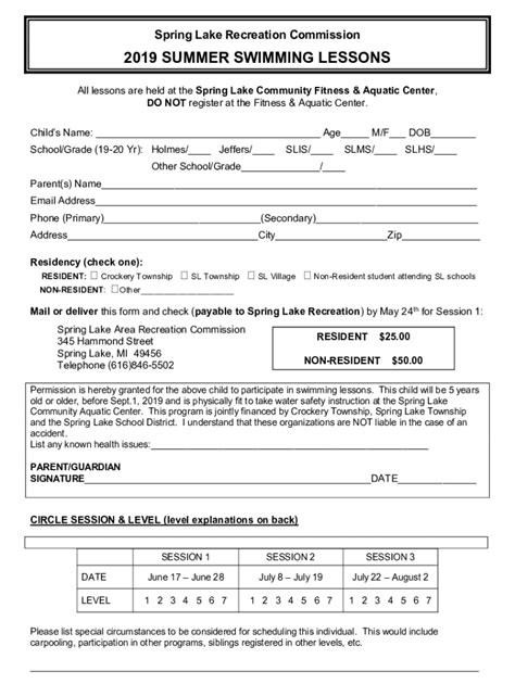 Fillable Online Swim Lessons Registration Form Fax Email Print