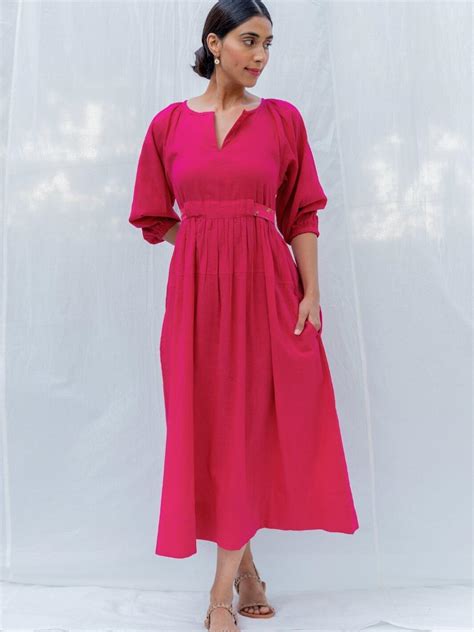 Fuchsia Long Cotton Maxi Dress With Belt Moontara