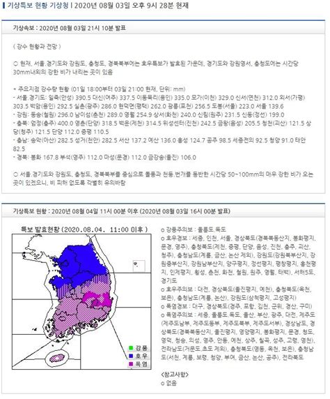 기상특보 현황 2020년 08월 04일 11시 00분 이후 2020년 08월 03일 16시 00분 발표 인스티즈