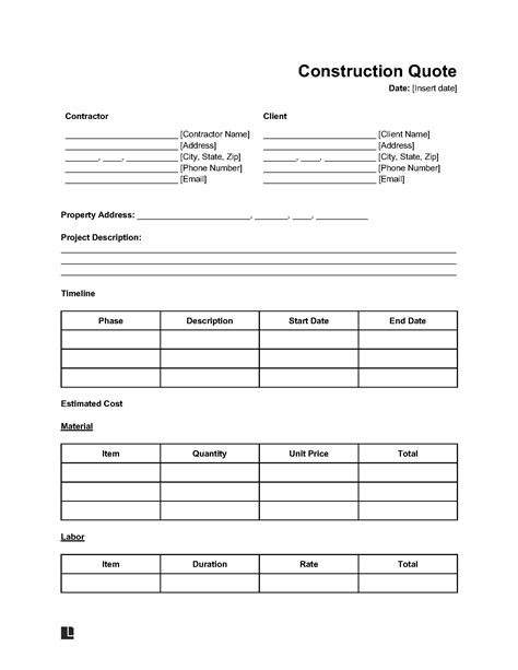 Free Construction Quote Template Pdf And Word