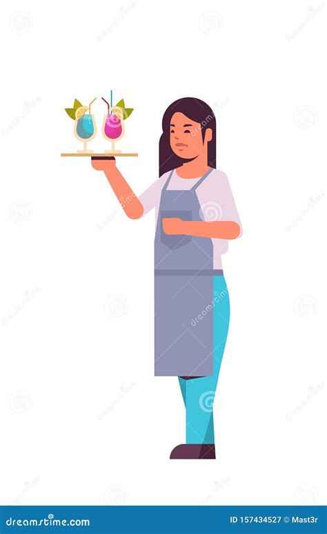 Professional Waitress Holding Serving Tray With Cocktails Woman