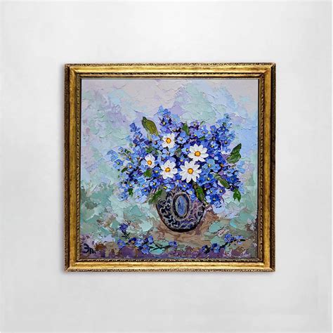 Bouquet Painting Flower Original Art Forget-me-nots Painting Floral Wall Art Autumn Flowers ...