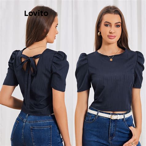 Lovito Blusa Feminina Elegante De Manga Bufante Gravata Lisa Nas