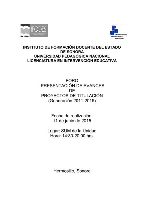 Foro de presentación de avances proyectos de titulación 2011 2015 PDF