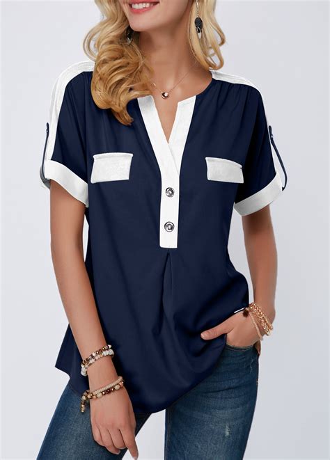 Navy Blue Split Neck Roll Tab Sleeve Blouse Trendy Tops For Women