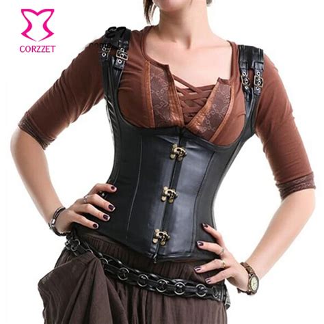 Corzzet Gothic Steampunk Faux Leather Underbust Corsets Waist Trainer