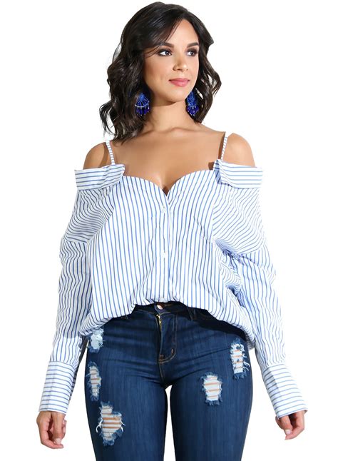 Sexy Loose Striped Strappy Off The Shoulder Long Sleeve Button Down