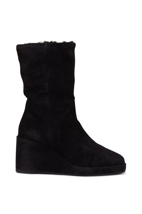 Aquatalia Imperia Black Suede Shearling Lined Wedge Boot