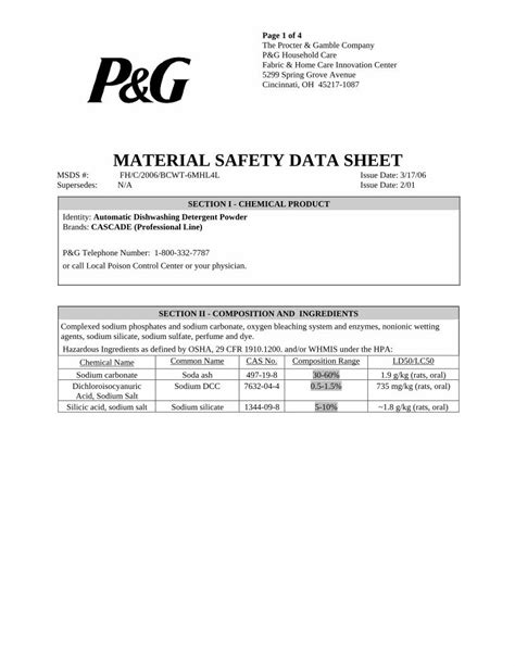 Pdf Automatic Dishwashing Detergent Powder Local Safety Data