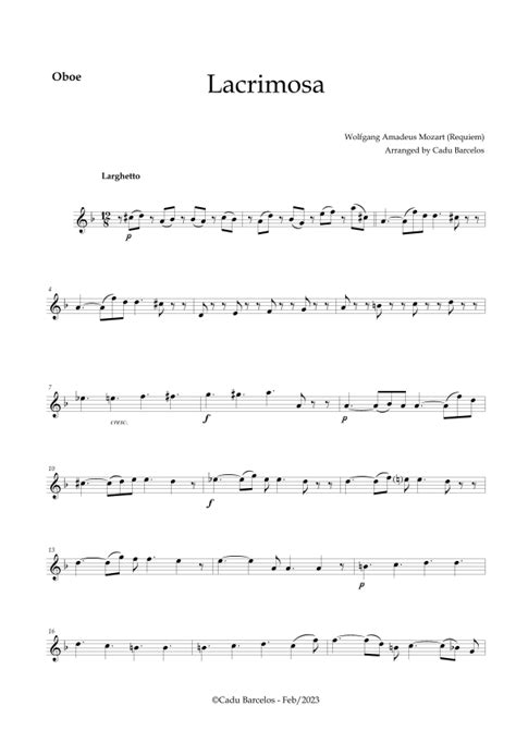 Lacrimosa Oboe No Chords Mozart Arr Cadu Barcelos Sheet Music