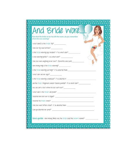 Printable Wedding Shower Game And The Bride Wore