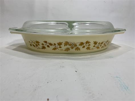 Vintage Pyrex Golden Acorn 1 5 QT Divided Casserole Dish Glass Lid Etsy