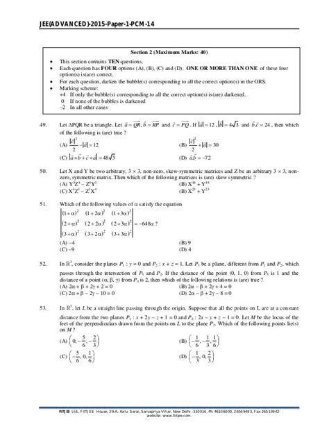 Iit Jee Adv 2015 Question Paper 1 Hints And Solutions Solved Paper By