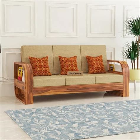 Handwoody Wooden 3 Seater Sofa For Living Room Three Seater Cushion