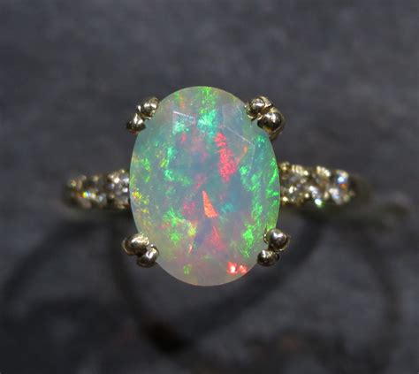 Genuine Ethiopian Opal Ring W Diamond Accents Solid 14K Gold