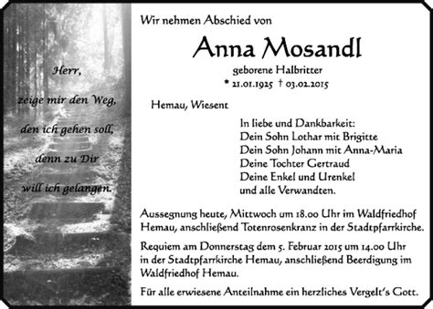 Traueranzeigen Von Hemau Anna Mosandl Mittelbayerische Trauer