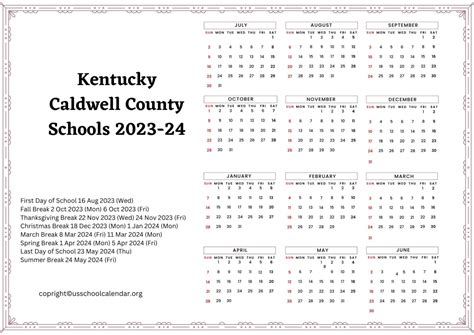 Kentucky Caldwell County Schools Calendar Holidays 2023-2024