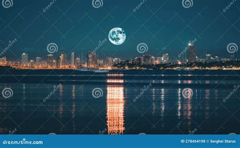 A Full Moon Over A City At Night Generative Ai Image Stock