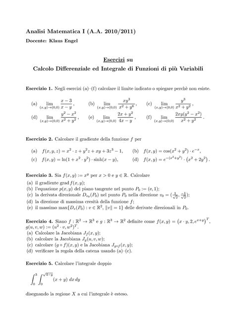 Esercizi Analisi Matematica I Calcolo Di Funzioni Di Pi Variabili