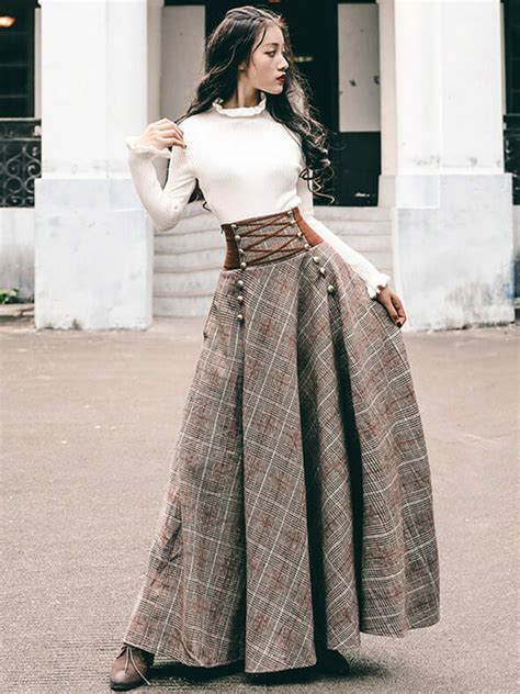 Quality New Knitting Tops With Tie High Waist Plaids Long Skirt