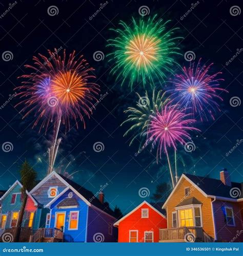 Colourful Fireworks Exploding Over a Neighborhood with Brightly
