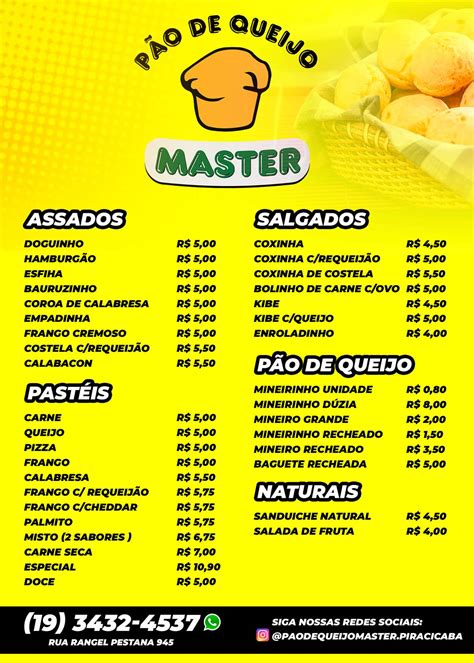 Menu em Pão de Queijo Master Piracicaba pub Bar Piracicaba