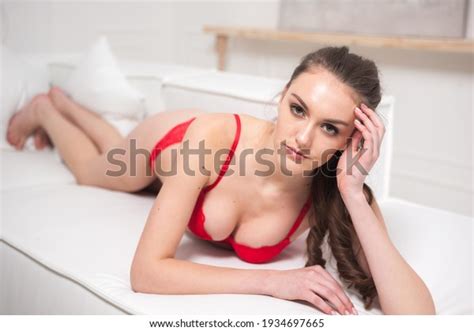 Fashion Model Posing Red Lingerie Underwear Stock Photo
