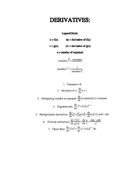 Derivatives Derivatives Legend Guide U F X Du Derivative Of F X V G X Dv