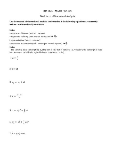 Solved Physics Math Review Worksheet Dimensional