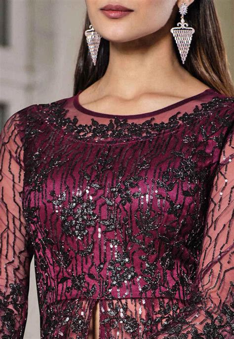 Embroidered Net Abaya Style Suit In Wine Kch