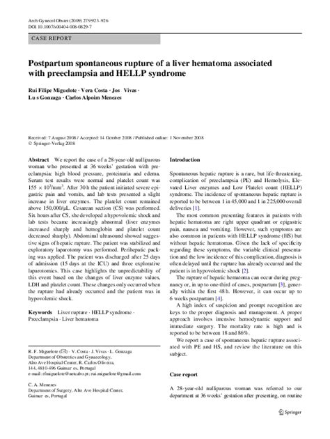 Pdf Postpartum Spontaneous Rupture Of A Liver Hematoma Associated With Preeclampsia And Hellp