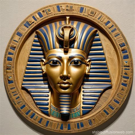 Bas Relief Of King Tut Mask In Round Circle With Egyptian Symbols