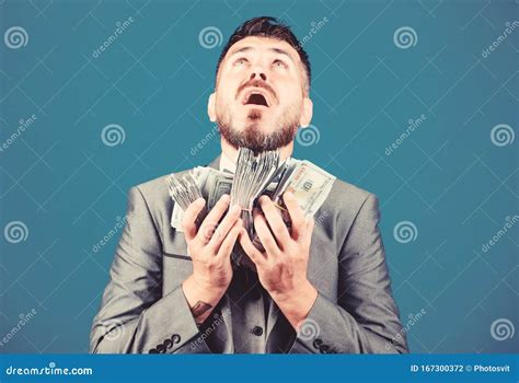 Man Formal Suit Hold Many Dollar Banknotes Blue Background Businessman