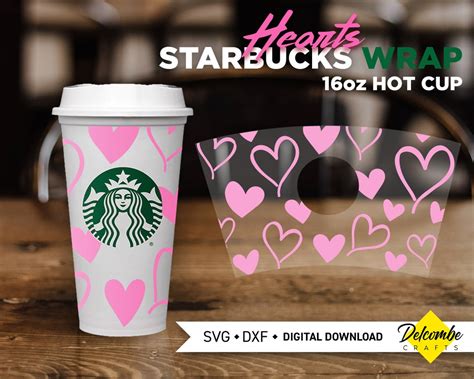 Starbucks 16oz Hot Travel Cup Full Wrap Hand Drawn Hearts SVG Digital Cut File For Cricut