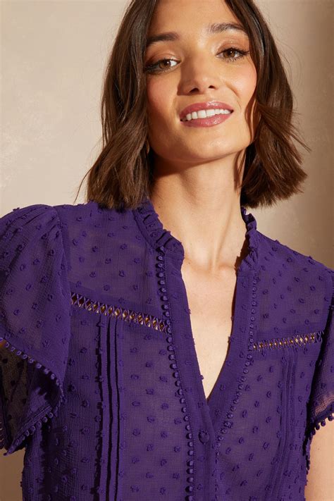 Buy Love And Roses Purple Dobby Spot Ruffle V Neck Flutter Sleeve Blouse